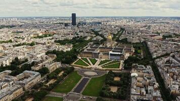 Architectural complex and park area of Les Invalides in the historic center of Paris, bird's eye view on a cloudy day. Cityscape of Paris video