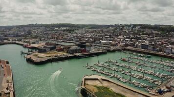 An aerial view of a harbor with boats in it video