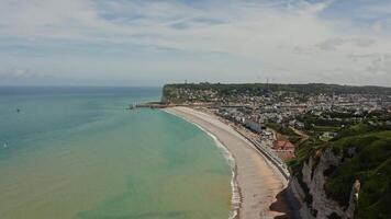 An aerial view of the beach and cliffs in france video