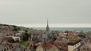 Benedictine palace in F camp in northern France. from a bird's eye view, an overview of the palace and park area located in the historical center of the city video
