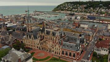 Drone of a view of the Benedictine Palace located in the city of F camp in Normandy in northern France. European city on the banks of the English Channel, bird's eye view of the historic center video