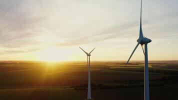Wind turbines against the backdrop of the sun setting over the multi-colored fields. Wind farm at sunset, drone . Colorful fields of the Netherlands video