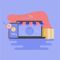 e-commerce website illustration, web-based e-commerce. Illustration banner with icons. vector