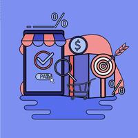 e-commerce website illustration, app based e-commerce - illustration banner with icons. vector