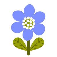 A charming blue flower with a bright center and lush green leaves, designed in a simple, minimalist style. Perfect for icons, stickers, decorations, and digital art projects. vector