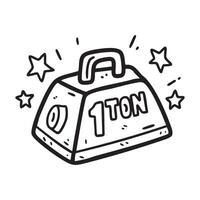 Hand drawn doodle icon of a heavy weight labeled 1 TON with stars around it. Perfect for illustrating strength, weight, and heavy lifting concepts. vector