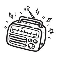 Hand drawn doodle of a retro radio with an antenna, tuning dial, and speaker. Perfect for vintage-themed designs, music-related content, and nostalgic illustrations. vector