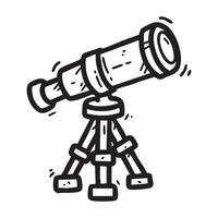 Hand drawn doodle style telescope icon on a tripod. Perfect for astronomy, space exploration, and educational content. Simple, black and white design suitable for various uses. vector