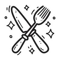 Hand drawn doodle icon of a fork and knife crossed with sparkling stars around, representing dining, cooking, or restaurant themes. Perfect for culinary related designs. vector