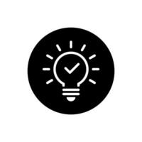 Light bulb outline with check mark icon on black circle. Lamp with tick sign symbol vector