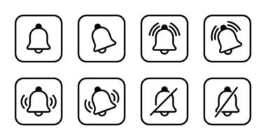 Notification bell outline icon set collection on square line. Notify, reminder sign symbol vector