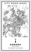 Black and white printable road map of Asmara city Eritrea banner poster design with coordinate position location, illustration vector