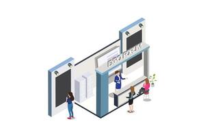 Exhibition stand isometric composition on white background 3d illustration vector