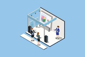 Exhibition stand isometric composition on blue background vector