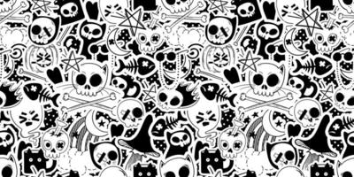Seamless pattern with gothic emo cat stickers. Background with halloween monsters vector