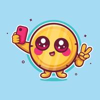 happy money coin character mascot taking a selfie with a smartphone isolated cartoon vector