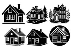 Three Rustic Cabin Silhouettes in Forest Settings, Elegant black silhouettes of cozy cabins nestled within tranquil forest scenes. vector