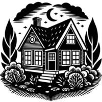 A stylized, black and white graphic of a small, charming house, perfect for representing homeownership, real estate, or design concepts. vector