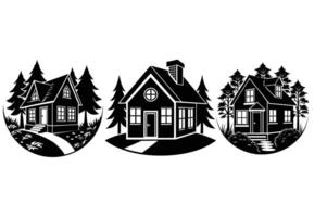 This set of three black silhouette images depicts cozy cottages nestled within forest scenes. vector