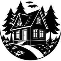This stylized, black and white graphic depicts a charming country home with a sloped roof, simple windows, and a chimney. vector