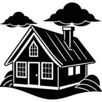 This stylized black and white graphic depicts a charming country house nestled on rolling hills, under a sky with clouds. vector