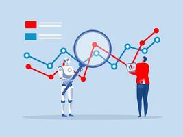 Business Analyze stock market,Robot with artificial intelligence holding magnifying glass ai examining analytics concept. illustration vector