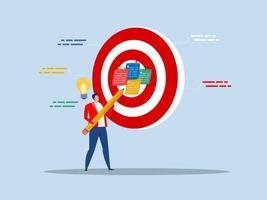 business Goal target,businessman write down goal on notes and put on big dartboard target. illustrator vector