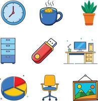 Office and Workspace Icon Set Clock, Cup, Desk, USB, Chair, and More vector