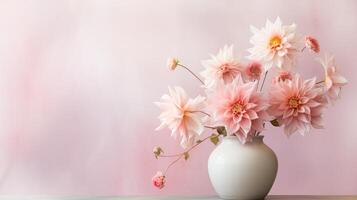 close up white pot-bellied vase with white pink large flowers with sharp petals on light pink background with copyspace photo