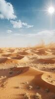 Sand dunes in the sahara desert with blue sky and sun photo