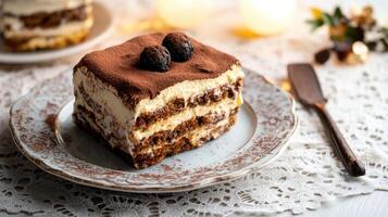 Delicious tiramisu dessert served on vintage plate with cocoa dusting photo
