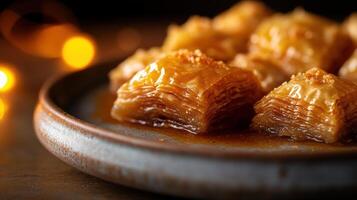 A plate of baklava with candles in the background photo