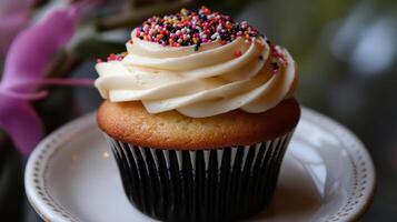 A cupcake with sprinkles on top on a plate photo