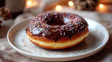 A chocolate donut with sprinkles on top on a plate photo