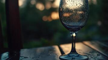 A wine glass with water droplets on it sitting on a wooden table photo