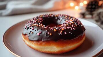 A chocolate donut with sprinkles on top on a plate photo