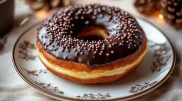 A chocolate doughnut with sprinkles on top of a plate photo