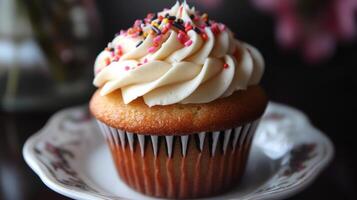 A cupcake with white frosting and sprinkles on top photo
