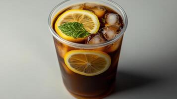 A glass of iced tea with lemon and mint photo