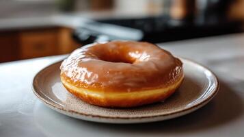 A glazed donut on a plate on a counter photo