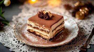 Delicious tiramisu dessert on decorative plate with elegant details photo