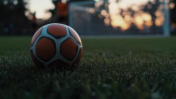 A soccer ball sits on the grass in front of a goal photo