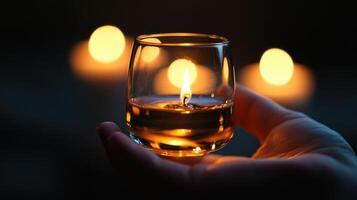 A person holding a glass with a lit candle in it photo