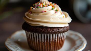 A cupcake with frosting and sprinkles on top photo
