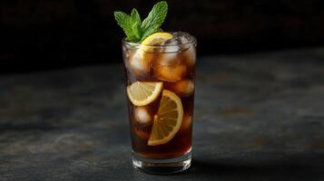 A glass of iced tea with lemon slices and mint leaves photo