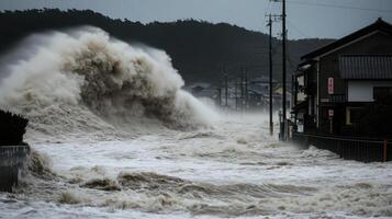 Dramatic storm waves crashing over coastal area, causing flooding photo