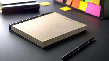 Notebook, pen, and post-it notes on a desk photo