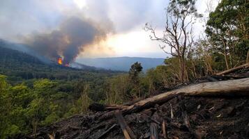 devastated rainforest with fallen trees and smoke rising from wildfire photo