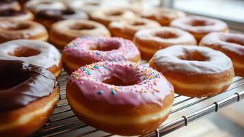 A rack of donuts with sprinkles and frosting photo