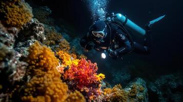 Diver exploring vibrant coral reefs with underwater flashlight photo